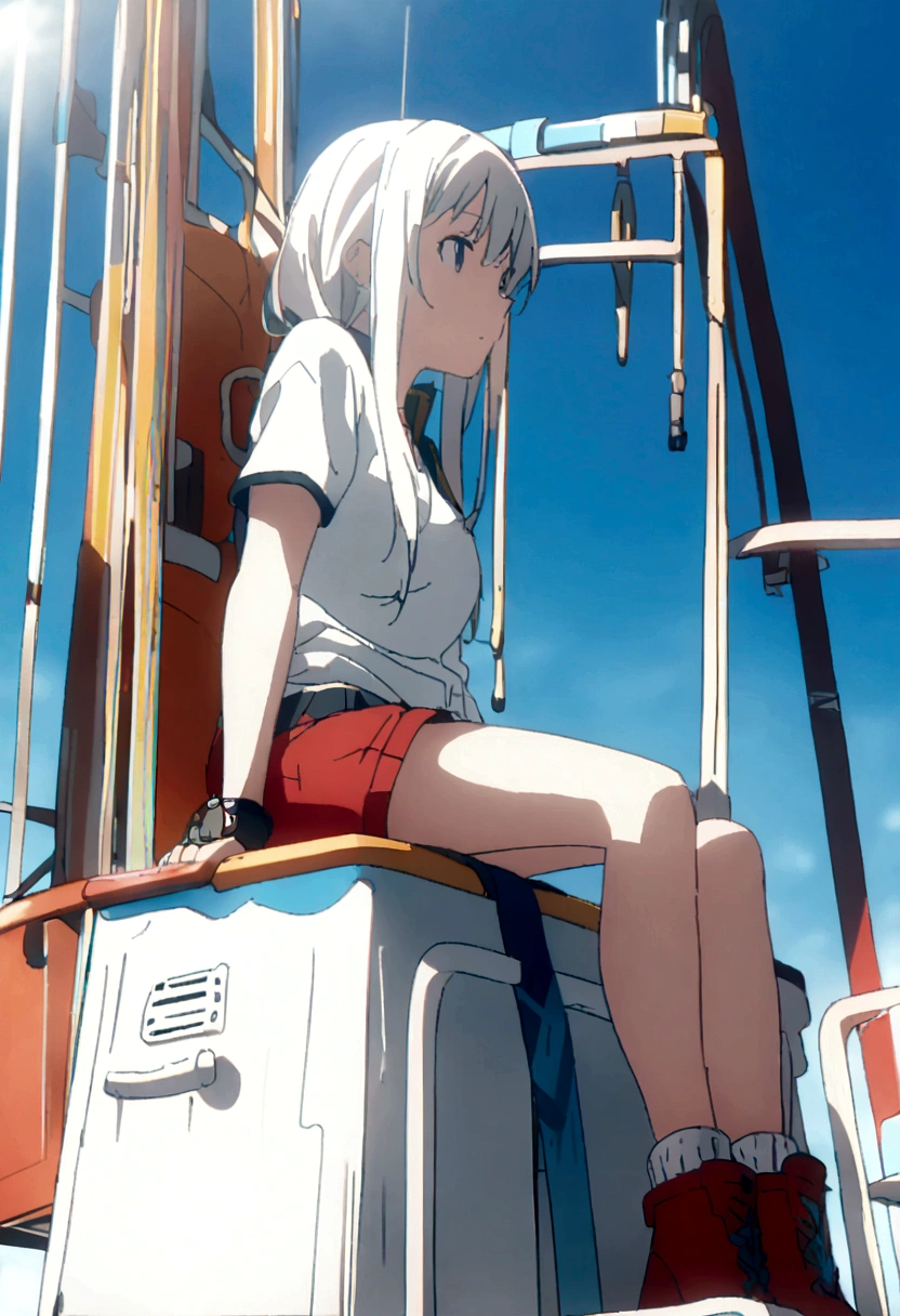One girl, a girl as a lifeguard, sitting in the sun on a white lifeguard tower, Plain white shirt, Red shorts, 8k, Professionally color coded, Depth of written boundary , Futuristic Fantasy Anime