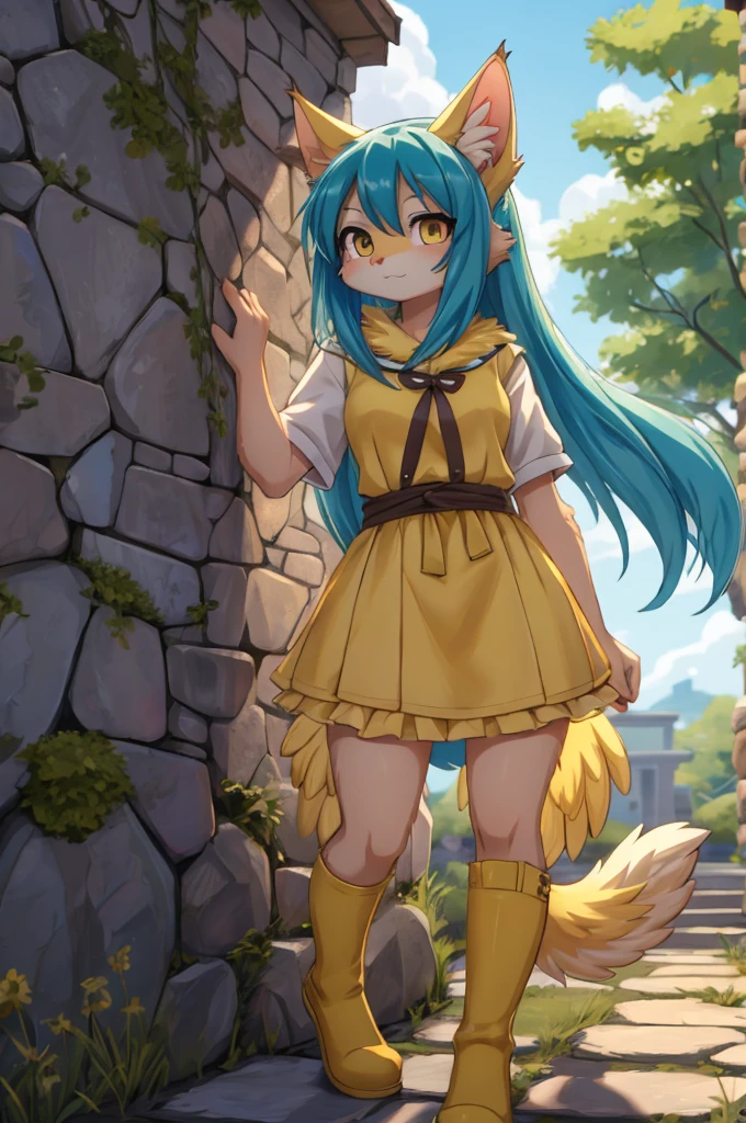 a woman with long blue hair and cat ears is standing in front of a stone wall, beautiful chica gata anime, muy hermosa chica gato anime, estilo anime 4k, mikudayo, cute chica gata anime, chica anime con cabello verde azulado, high quality anime art style, chica gata anime, extremely detailed artistic germ, fondo de pantalla de anime hd