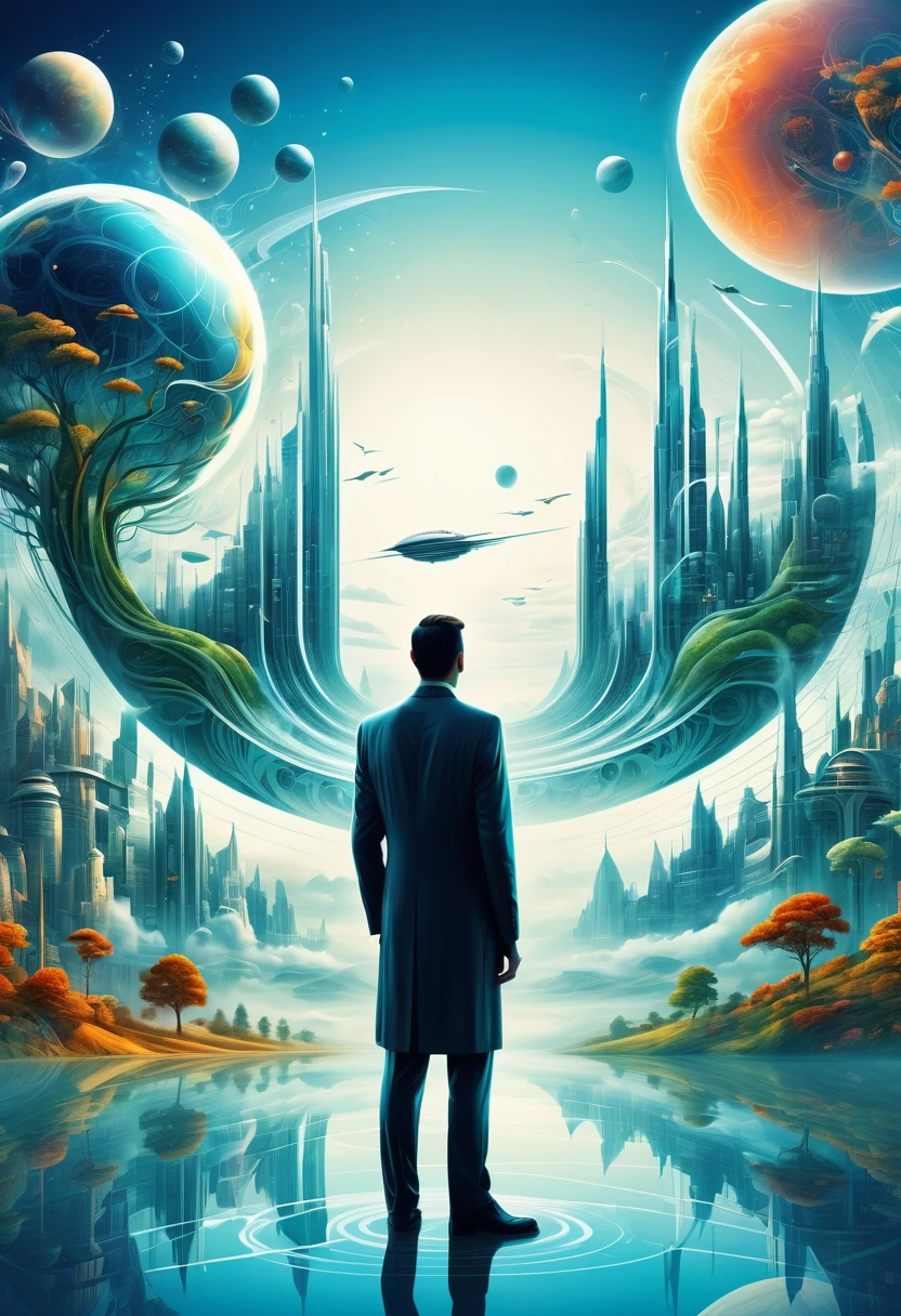 Dubrec style，Transparent figure back，Vision of the future utopian world image，（Multiple Exposure：1.8），Intricate illustration in surreal art style，surreal dreamscape，Future utopian world dream