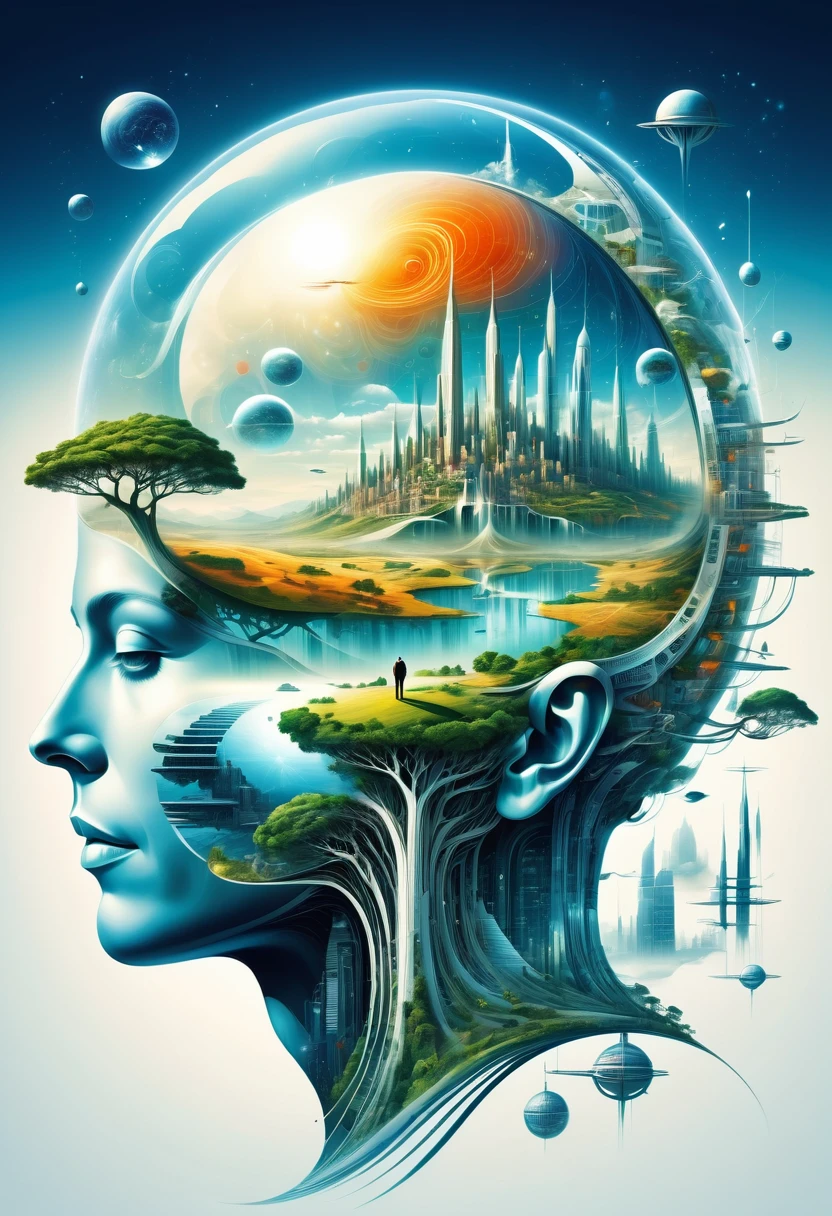 Dubrec style,Transparent figure back,Vision of the future utopian world image,(Multiple Exposure:1.8),Intricate illustration in surreal art style,surreal dreamscape,Future utopian world dream