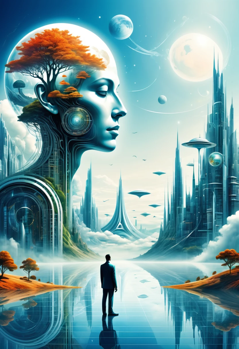 Dubrec style,Transparent figure back,Vision of the future utopian world image,(Multiple Exposure:1.8),Intricate illustration in surreal art style,surreal dreamscape,Future utopian world dream