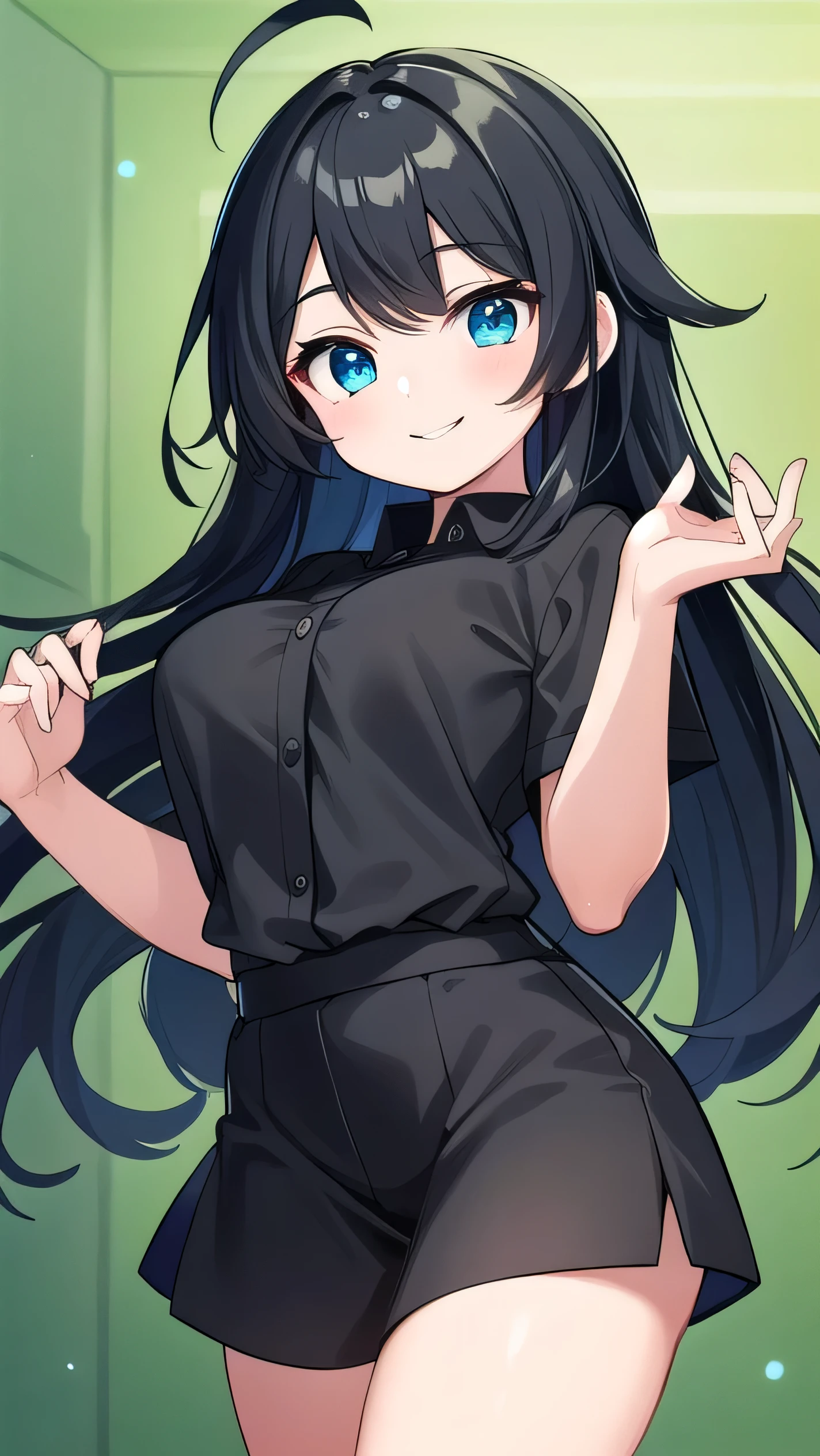 Junior high school student who looks like an elementary school student, 14 years old, very short, 140 cm tall, black hair with a slight green tinge, short ahoge, beautiful long hair but with a little hair sticking out, beautiful round eyes, blue eyes, smile, boyish, big breasts, long hair, childish face, gentle smile, a little shy, black hair with a slight green tinge, boyish, gentle smile,, ( Deep greenish black hair: 1.3),,childish clothes, striped shirt