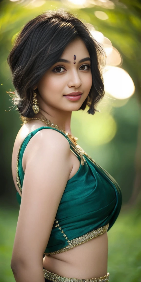 (((desi girl))), chubby face, natural skin, wearing stunning saree, braless, charming black hair, ((hair ends are blonde)), greenary village background, bokeh