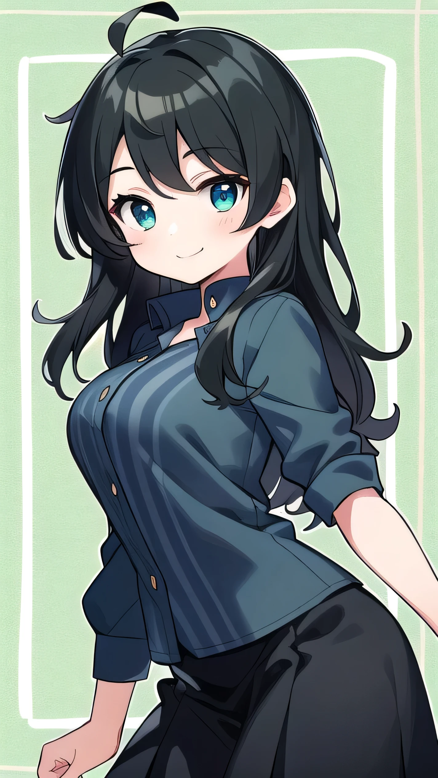 Junior high school student who looks like an elementary school student, 14 years old, very short, 140 cm tall, black hair with a slight green tinge, short ahoge, beautiful long hair but with a little hair sticking out, beautiful round eyes, blue eyes, smile, boyish, big breasts, long hair, childish face, gentle smile, a little shy, black hair with a slight green tinge, boyish, gentle smile,, ( Deep greenish black hair: 1.3)