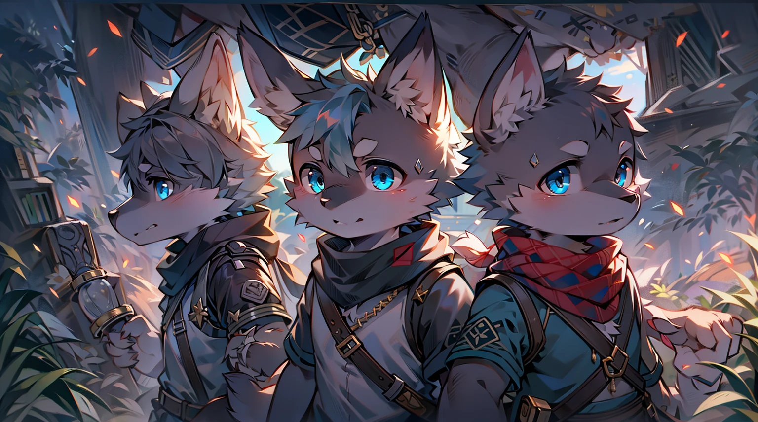 Wolf,juvenile,male,Gray-black fur,Sky blue eyes,Black combat uniform,scarf,Holding a long sword,scabbard,Draw the Sword,Everlasting,only,dawn,illumination,rest,Break