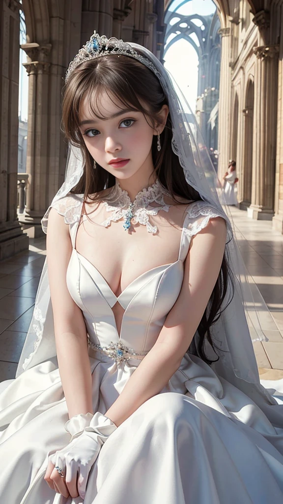 highest quality, masterpiece, Please let her sit, 1 girl, LOL, Cute , Glossy Lips, sweet, Sun glare, Conservative dress, Bell line wedding dress, White gloves, bouquet, Bridal Tiara, Depth of written boundary, Blurred Background, with a cathedral background, Particles of light, Strong winds, Tilt your head, Long Hair,