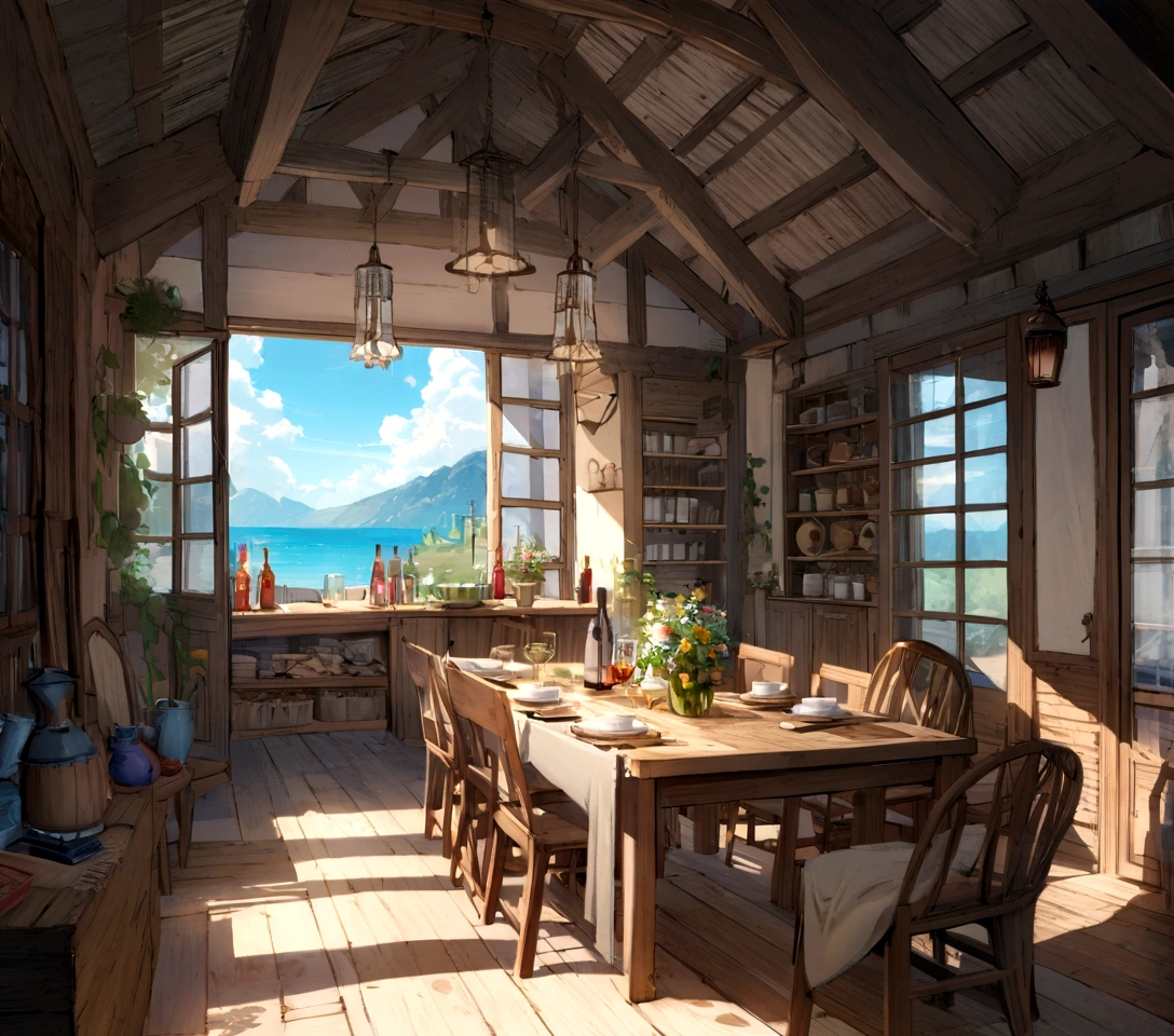 ((((masterpiece, Best Quality, High resolution)))), High detail, manga，anime，Illustrated style，Use of bright colors，Ghibli Studio「Howl&#39;s Moving Castle」The colors are like those used in daytime scenes., Medieval European fantasy worldview,  Holiday home with pool,  Sophisticated interior,There are many large beds lined up, A table in the center,The sunlight is streaming in through the window、A sparkling drink in the sunlight, Large space，There is no one，Ghibli Studioの魔女の宅急便のような雰囲気， RPG-like scenery, There is beer, wine and delicious food on the table., The sky is bright blue、Fluffy white clouds floating, And the sun is shining brightly, Create a magical and cozy atmosphere, Bright daytime atmosphere.