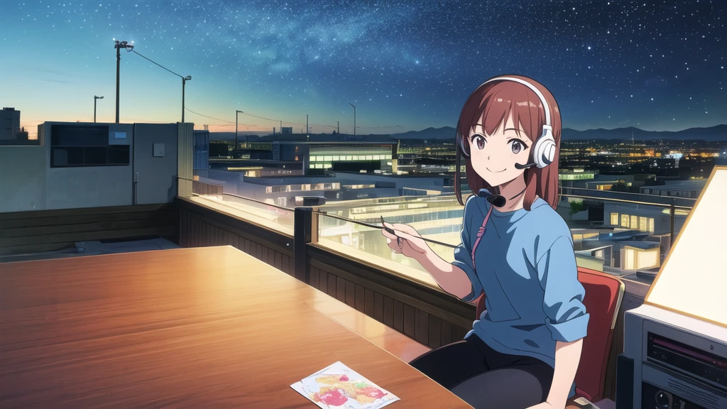 (High resolution, Best Quality, Masterpiece:1.2), (Realistic illustrations), Lo-fi Hip Hop , flat, 2.5D, Line art, Ink drawing, Watercolor, Gouache color, Studio Ghibli style, Great colorful, Relaxed girl listening to music with headset, smile, はにかんだsmile, 80s city night view, bike