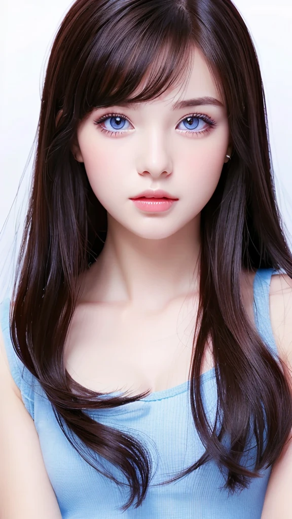 Draw a very beautiful young Asian lady with one of her eyes blue and the other eyes black. The girl has short and straight red hair. Her eyes are big. Her lips are pink. Must be very detailed and real.