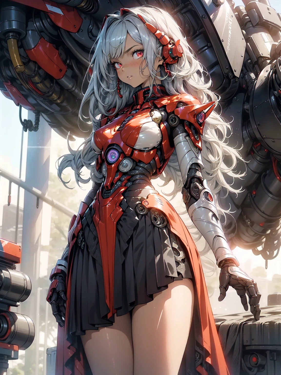 Cool Beauty, (One Woman:1.0), (20-year-old:1.0), (Small breasts:1.2),Fractal Art、Abstract background、 (Wide Shot:1.0), (Written boundary depth:1.1), break、 (Beautiful red eyes:1.0), (Cybernetic Genoid:1.1), (Very detailed mech suit:1.3), (Silvery semi-long hair:1.0), (Black Luxury Wizard Dress Skirt:1.3), (Decorative embroidery:1.0), High leotard、Sunburned skin