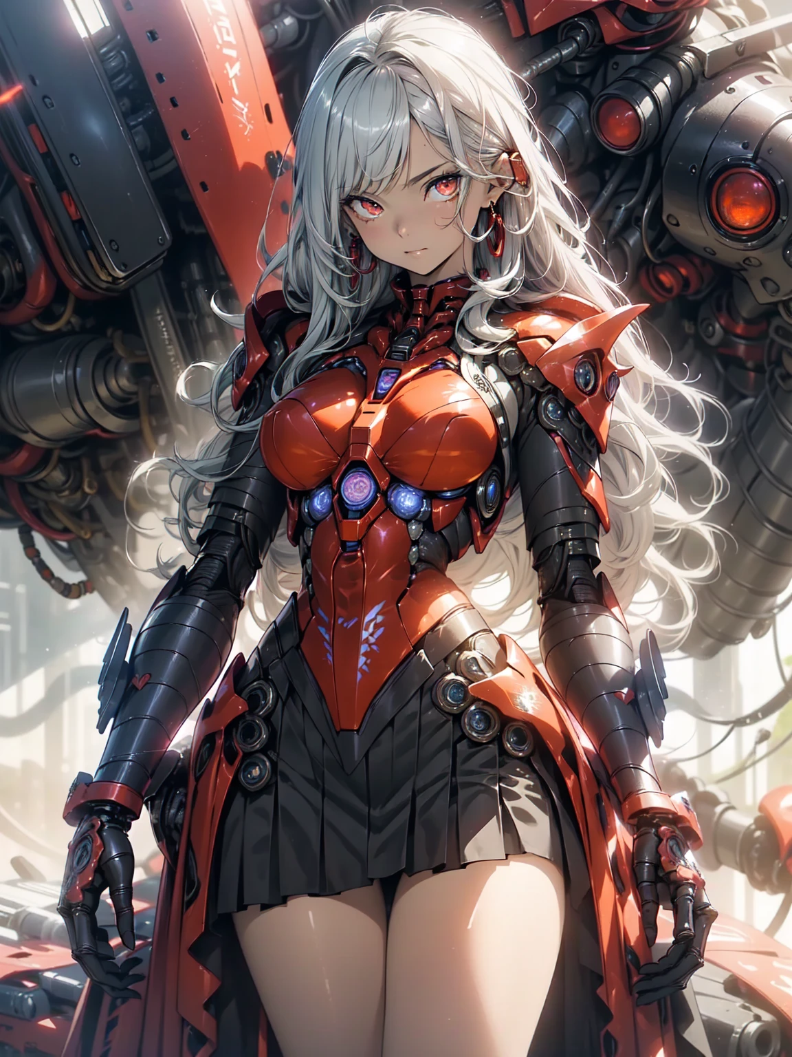 Cool Beauty, (One Woman:1.0), (20-year-old:1.0), (Small breasts:1.2),Fractal Art、Abstract background、 (Wide Shot:1.0), (Written boundary depth:1.1),  break、 (Beautiful red eyes:1.0), (Cybernetic Genoid:1.1), (Very detailed mech suit:1.3),  (Silvery semi-long hair:1.0), (Black Luxury Wizard Dress Skirt:1.3), (Decorative embroidery:1.0), High leotard、Sunburned skin