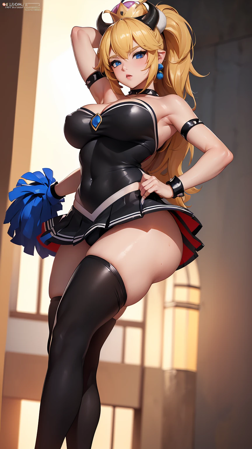 (best quality). (Ultra Detalhado). (1girl), Olhando para o Viewer. (Antecedentes detalhados). belos olhos detalhados. rosto delicado e bonito. (high saturation), seios grandes, droopy breasts, (((sexy black cheerleader outfit))), (((sexy legs))), (((sexy breasts)))