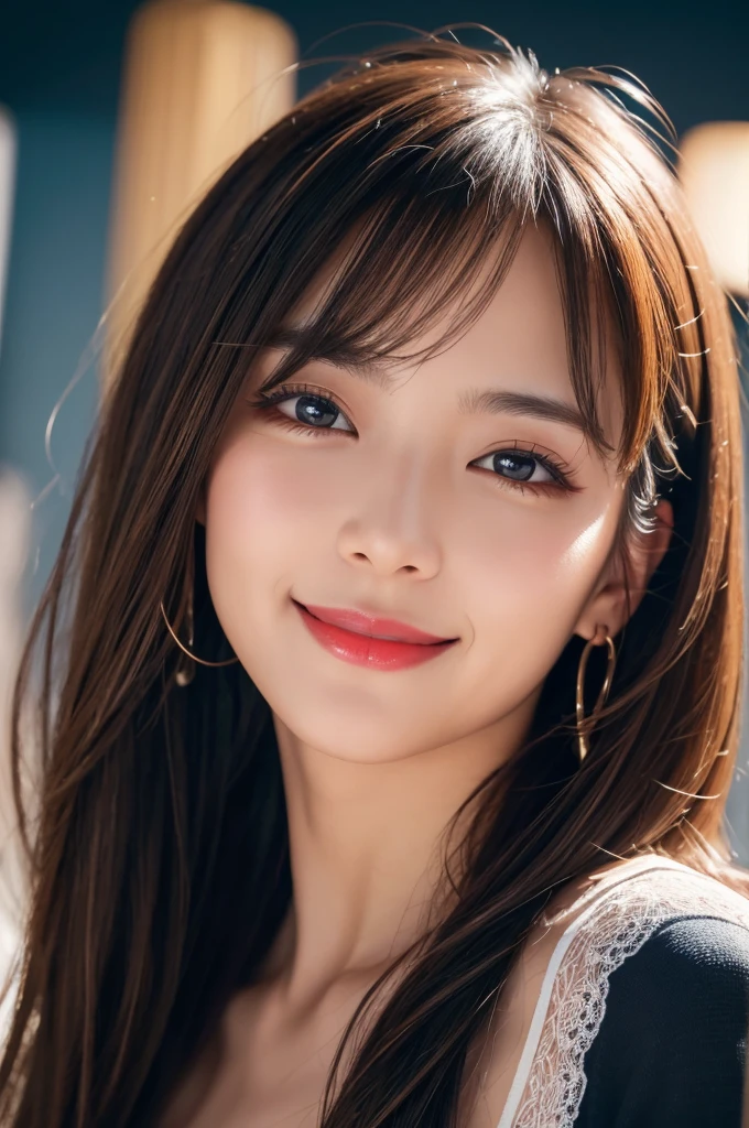 Brown Hair, Long eyelashes, Round eyes, A light smile, Asymmetrical Hair, Double good, Accurate, Double good, Dark blue hair, Cast a Shadow, Anaglyph, Stereogramム, throw, Atmospheric perspective, Surrealism, modern art, Cinema Lighting, Shine, Projected Inset, Canon, Shorthand, 8k, Super detailed, 最high quality, 超High resolution, Awards, Super detailed, Anatomically correct, retina, masterpiece, aAccurate, Textured skin, high quality, High resolution, 最high quality, 16k, 1080p, Exposed Skin, ((A full-body shot facing forward)),Lace Underwear, All sorts of smiles、鈍いbangs、bangs、Very long hair、Earrings, (Red lips), Laughter, Drop Shadow, Anaglyph, Stereogram, Character portrait、