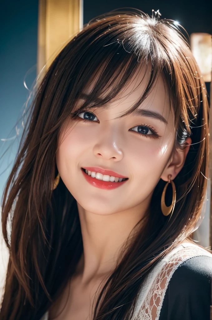 Brown Hair, Long eyelashes, Round eyes, A light smile, Asymmetrical Hair, Double good, Accurate, Double good, Dark blue hair, Cast a Shadow, Anaglyph, Stereogramム, throw, Atmospheric perspective, Surrealism, modern art, Cinema Lighting, Shine, Projected Inset, Canon, Shorthand, 8k, Super detailed, 最high quality, 超High resolution, Awards, Super detailed, Anatomically correct, retina, masterpiece, aAccurate, Textured skin, high quality, High resolution, 最high quality, 16k, 1080p, Exposed Skin, ((A full-body shot facing forward)),Lace Underwear, All sorts of smiles、鈍いbangs、bangs、Very long hair、Earrings, (Red lips), Laughter, Drop Shadow, Anaglyph, Stereogram, Character portrait、