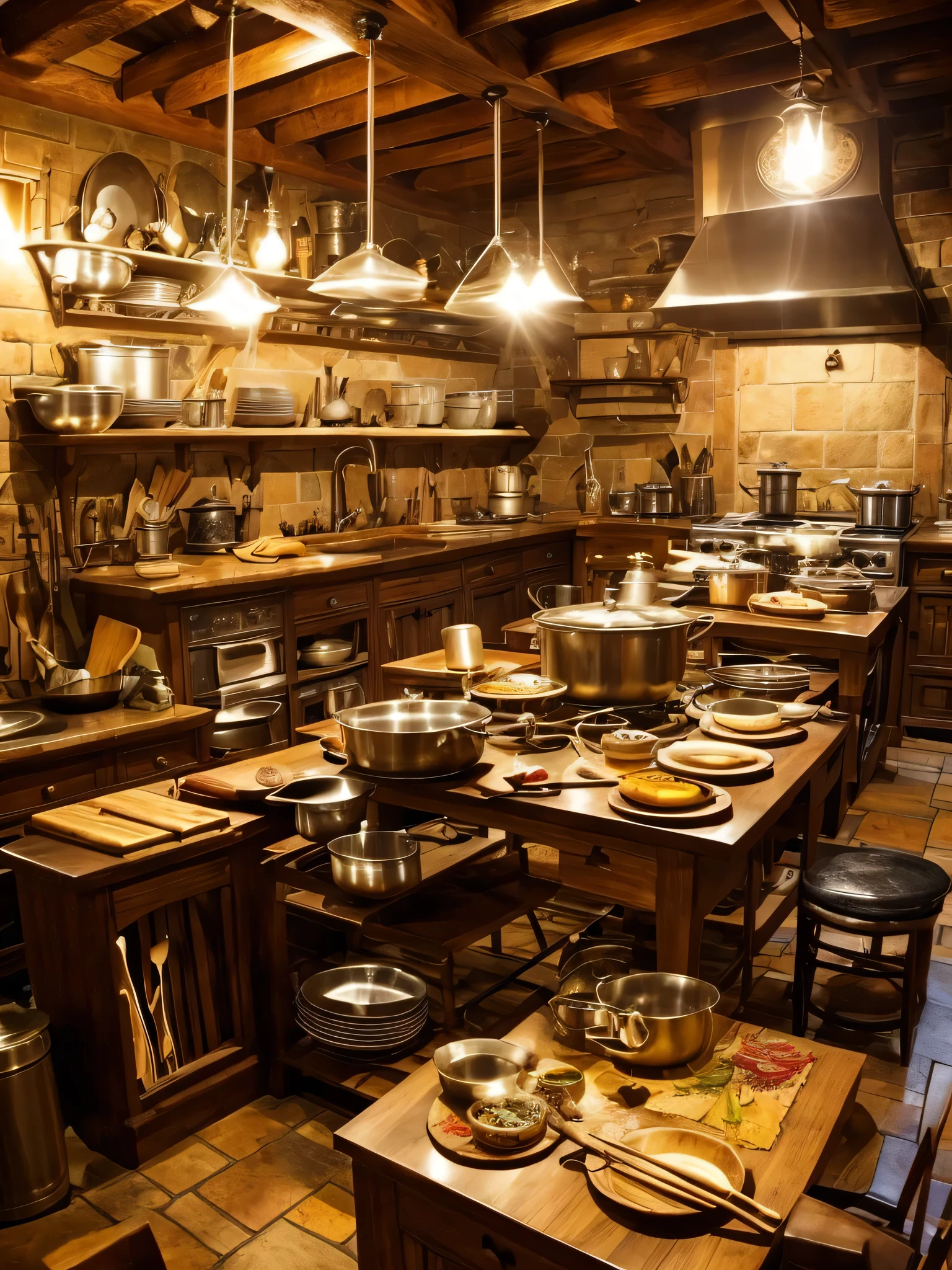 Magical object living like Harry Potter theme In Hogwarts,In the chaotic and hot kitchen, various kitchen utensils seemed to be alive and running around, flying. Spoons, forks, knives, chopsticks and spatulas scattered as if they were playing tag. Pans and cutting boards seem to dance on the table, while bowls and plates create a noisy concert. While the stove burns non-stop, adding intense heat and giving a magical feel. This messy kitchen environment is full of laughter-inducing craziness, as if there is some magic power that makes everything alive and acting out of control,no human,no food,utensils are live like magical Hogwarts