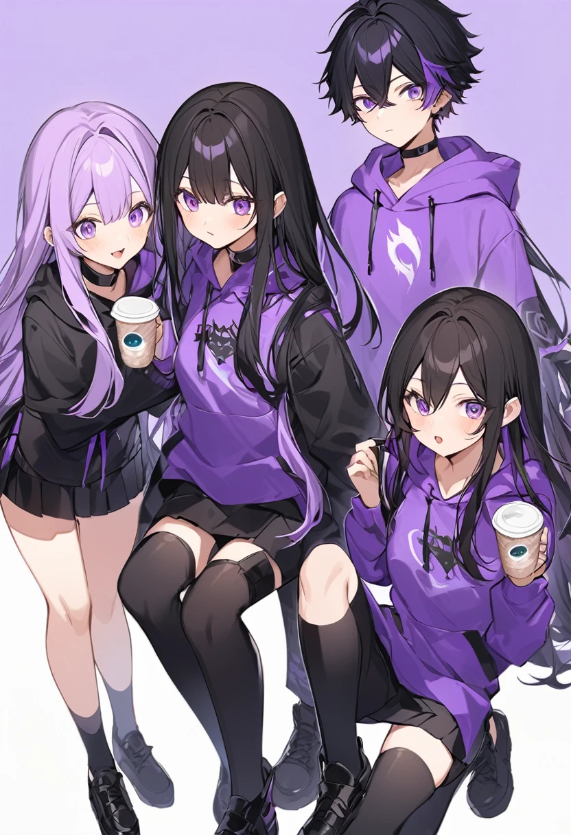 In a purple hoodie、Wearing a black short skirt、Wearing black socks、wearing black shoes。hair is black、Purple eyes。Breasts are K cup。The skin is white and、Long hair。Has one brother and one sister。My sister has an E cup。All in purple hoodies。All hair is black。My brother is wearing black pants.。