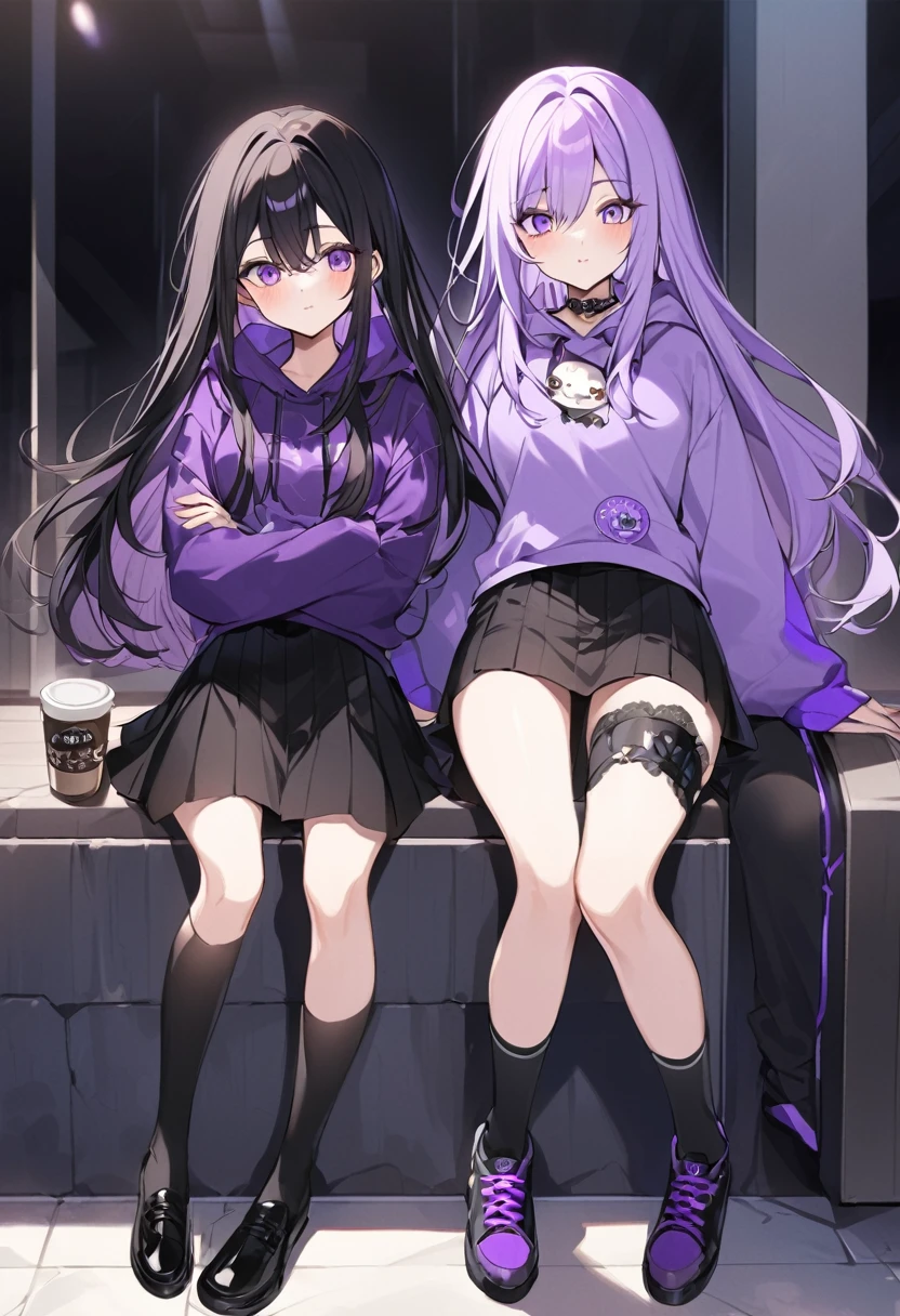 In a purple hoodie、Wearing a black short skirt、Wearing black socks、wearing black shoes。hair is black、Purple eyes。Breasts are K cup。The skin is white and、Long hair。Has one brother and one sister。My sister has an E cup。All in purple hoodies。All hair is black。My brother is wearing black pants.。