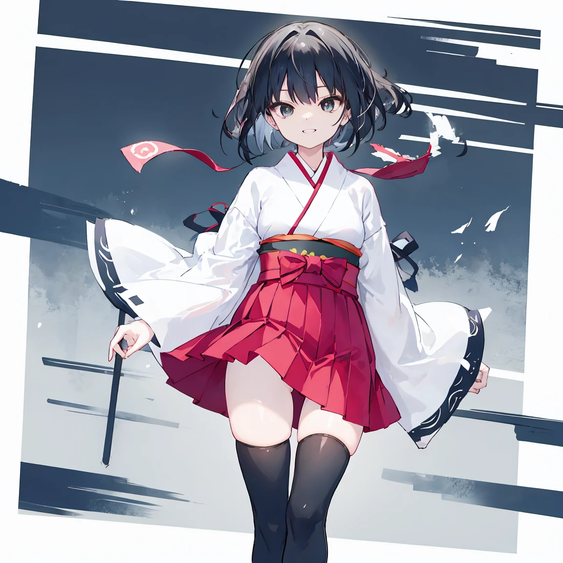 Eccentric、A female version of Maeda Keiji、Military commander、Toes of both feet(geta)Always draw、Draw the whole body、Pull back the camera and draw the toes、Alluring、Double teeth visible in smile、One girl,、black eye、Bob Hair、Black Hair Girl、White knee-high socks、Hair blowing in the wind、、Carefully drawn、A little bit of sauce、Front Angle、looking at the camera、Standing posture、The cutest Japanese in the world、Thicker thighs、The hair is carefully drawn、Be sure to stand up and fit your body in the frame from head to toe.、getaまでしっかり描いて!、The hakama skirt is short so that the thighs are clearly visible.!