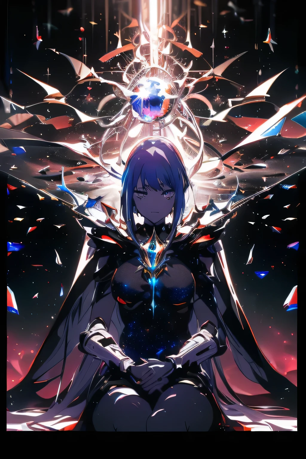  (((Galactic queen, Stellar gradient, planetary background, glowing stars)), 1girl, sitting, ((cosmic architecture)), (mystic eyes), (Flowing ethereal hair), (glowing aura), (Orbital armor), (stellar chandelier), ((orbital debris)), (astral projections), ((etheric)))))