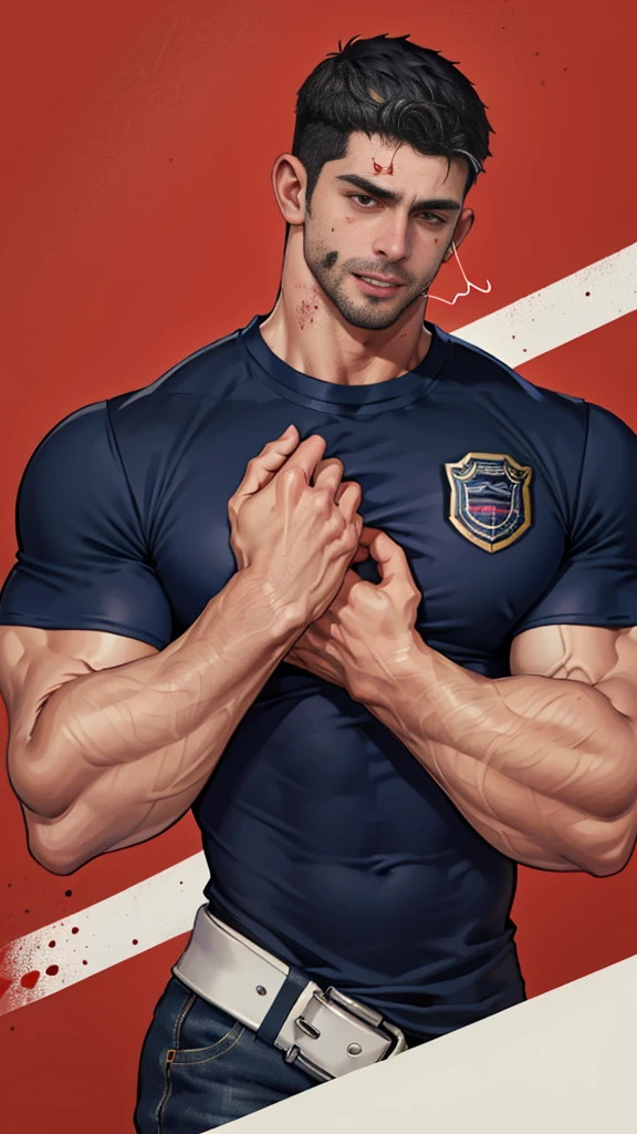 (NSFW: 1.5), Chris Redfield ,(man kneeling: 1.2) , (Seriously injured), (Close your eyes.), Open mouth, show teeth, (Wearing a navy blue round neck T-shirt with a police logo.: 1.3), (Navy blue jeans), Korean guy , korean men, (High gloss details), chest muscles, Big arm muscles, blood vessel, big muscles, Broad shoulders, looking at the audience, Balancing the eyes, (Make eye contact),(Torn shirt: 1.5), (wound: 1.3) , (blood splatters) ,( abrasions on face: 1.5), (Blood stains on the face and body: 1.5) ,(Torn shirt: 1.5) , (Look up: 1.1) , (genital very long big : 1.5), (Big testicles), (Erection of the penis: 1.5), middle of the road,(Fire blazes behind:1.3) 