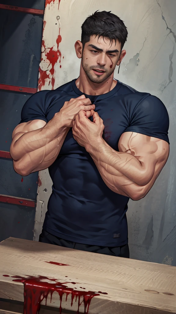  upper body shot, low camera angle, Chris Redfield kneeling, Shocked, open mouth wide, Arms beside the body, straight, front ,(black hair), smile open mouth, (Wear color navy round neck T-shirt: 1.5), (with a Police badge: 1.2), navy cargo, black glove, (blood splatters) ,( abrasions on face: 1.2), (Blood stains on the face and body: 1.2), Korean guy , korean men, (High gloss details), chest muscles, large arm muscles, blood vessel, Big muscles, Broad shoulders, looking at the audience, Balancing the eyes,  middle of