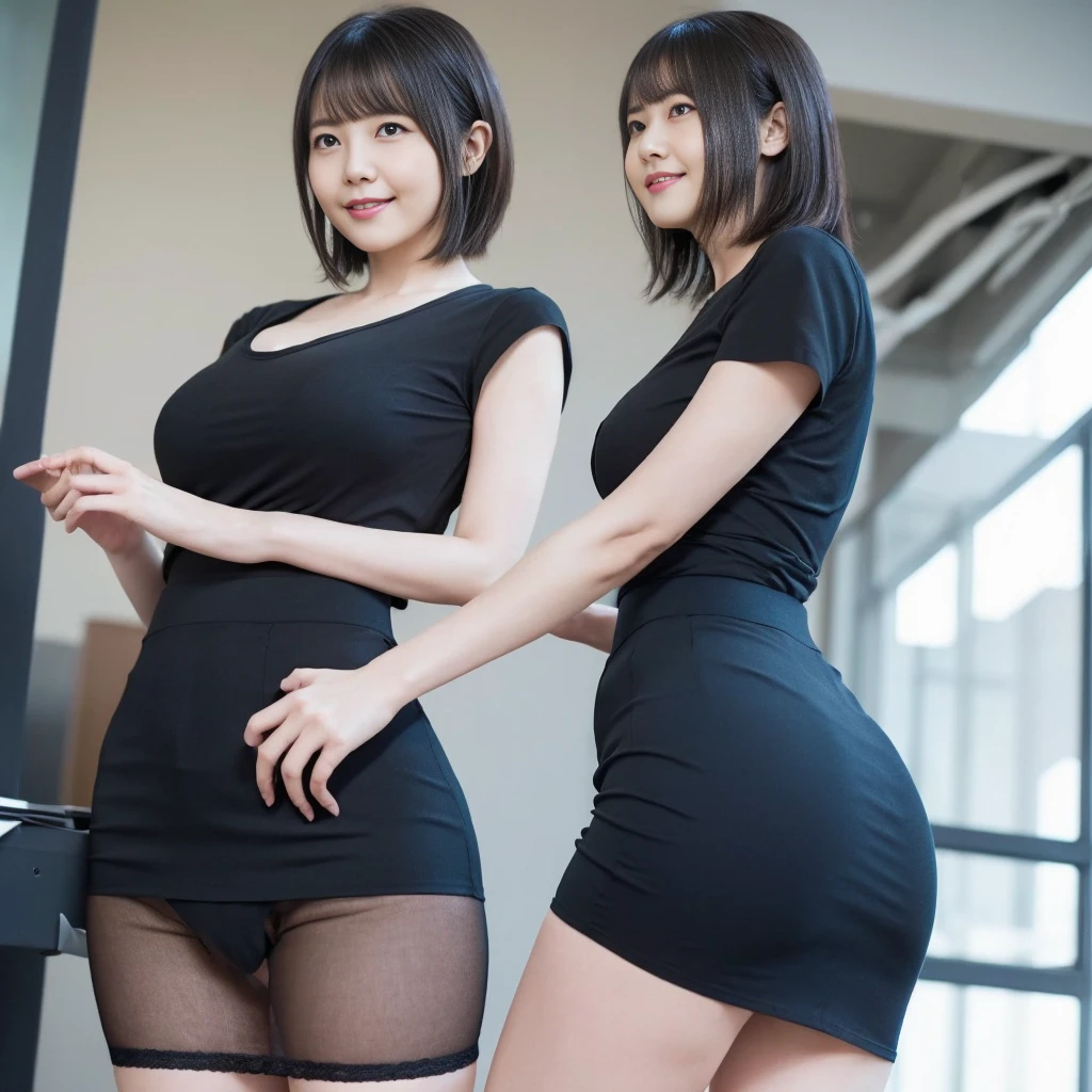 (from below:1.5)、(Office Lady、Micro Mini Skirt、Short sleeve、ass、Black Hair、Big Ass、Inside the office、Glass-walled office、Panty Shot、Panty lines、Butt crack)、Extremely sexy、smile、Professional Lighting、Small waist、Beautiful adult woman、Captivating thighs、Very large breasts、Cleavage、