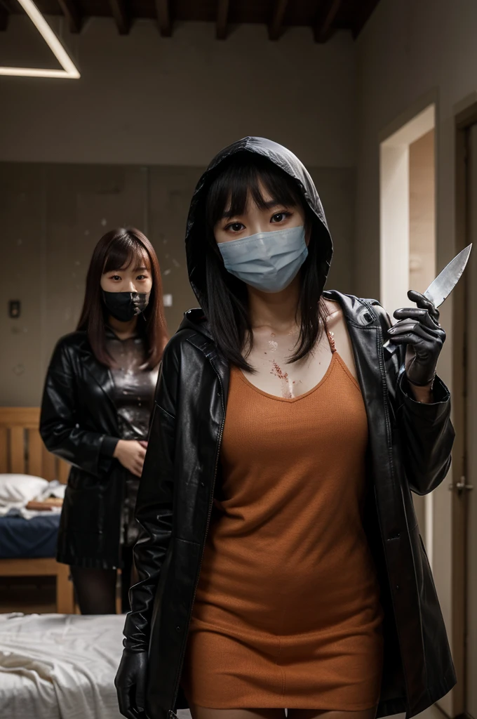 korean girl, (multiple girls, surgical mask), holding knife, stabbing, leather gloves, behind corpse, black raincoat, room full of blood, hood up, holding knife, leather gloves, blood splatter, long bangs, night, mass murderer, robbery, in the house, behind corpse,