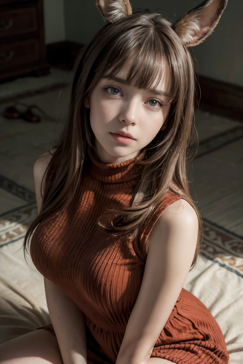 (a beautiful girl with rabbit ears), long messy brown hair, head tilted, (best quality,4k,8k,highres,masterpiece:1.2),ultra-detailed,(realistic,photorealistic,photo-realistic:1.37),intricate, detailed portrait,8K,((masterpiece)), ((best quality)), (ultra-detailed), High detail, professional photograph, highest quality, floating hair, beautiful detailed, (((realistic))), hyper realistic character,natural lighting ,beautiful detailed eyes,1girl, solo,blunt bangs, realistic, ((High neck red dress)), ((big tits)) ,((From above))