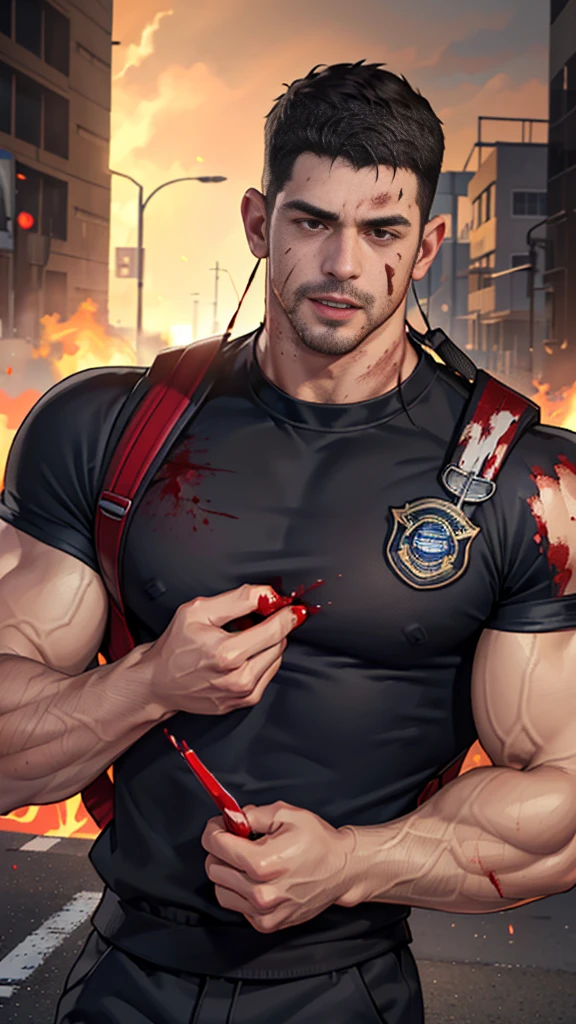 (Create a masterpiece: 1.2),(CGI art:1.3),(realistic:1.5),(After processing:1.3),(Sharp focus:1.3),1 man ,sunglass, straight, front ,Chris Redfield ,(black hair), smile open mouth, (Wear color navy round neck T-shirt with a Police badge: 1.2), navy cargo, , (wound: 1.1) , (blood splatters) ,( abrasions on face: 1.3), (Blood stains on the face and body: 1.3), Korean guy , korean men, (High gloss details), chest muscles, large arm muscles, blood vessel, Big muscles, Broad shoulders, looking at the audience, Balancing the eyes, middle of the road , (Carrying a black backpack: 1.3) ,(Fire blazes behind)