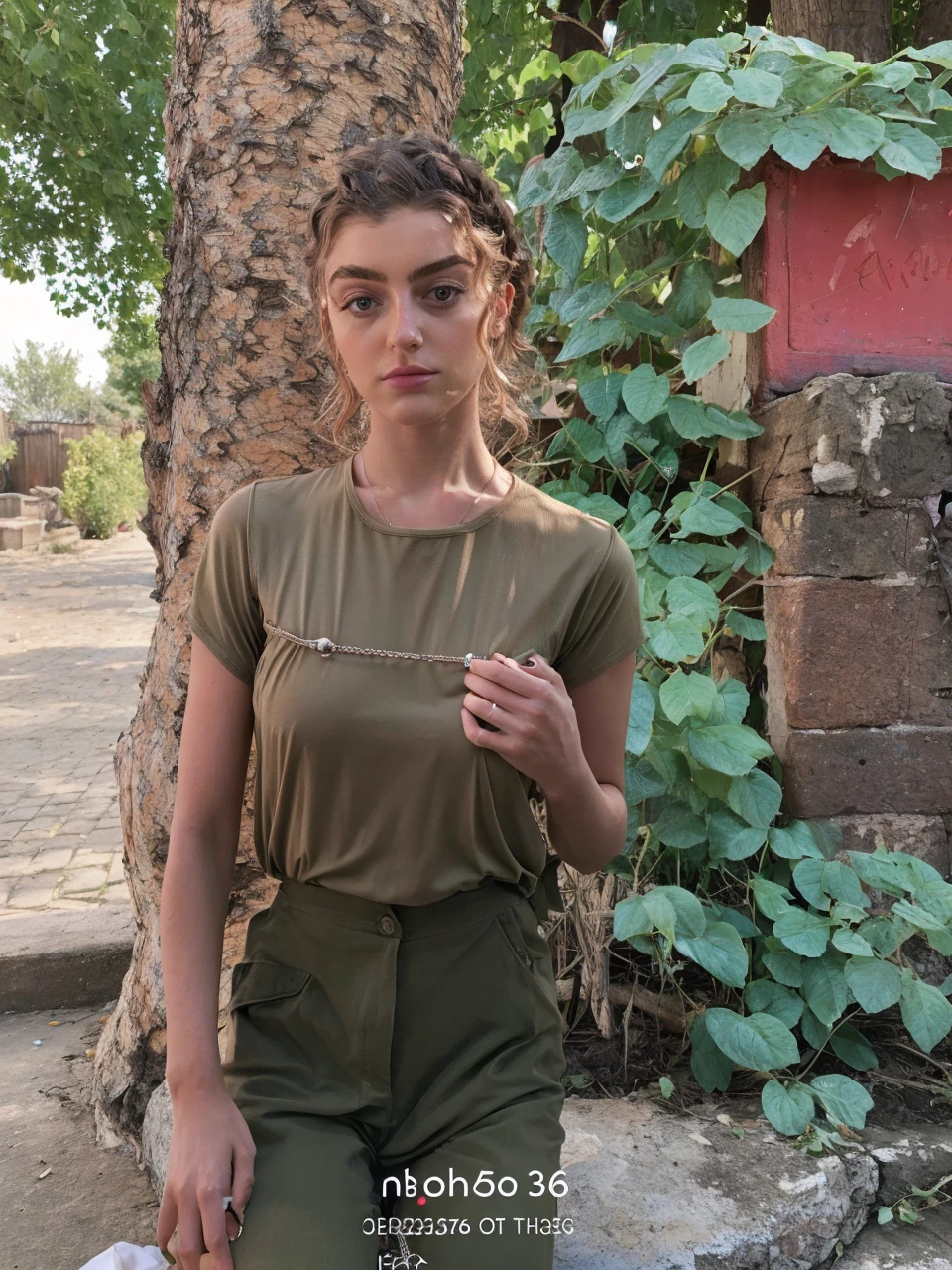 RAW,( 23 year old woman, sitting on a bench ),[ gran detalle: ( ojos: Maisie Williams),(frente : Laure lipton),(jaw angle: Laure Lipton),(cejas: Laure Lipton),(jawline: Maisie Williams),(Eyelids: Laure Lipton),,(hairstyle: Laure lipton),(nariz: Maisie Williams),(boca: Maisie Williams),(Breast: Laure lipton)]