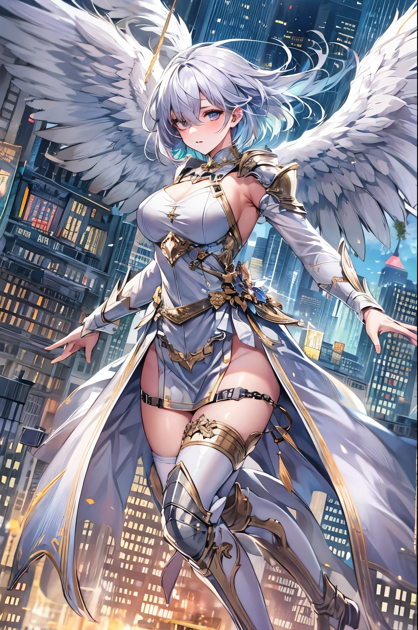 fantasy, 1angel_girl,(_teen:, ,brown_hair, medium_bob_hair, long_bangs, halo,bare_shoulder,thighhighs,silver_armor, waist_armor, large_breasts,1pair_wings, dynamic_pose_fighting,floating, bare_crotch, headgear,gauntlet, greaves,city_landscape_background,slightly_spread_legs, solo, groin_naked,smile