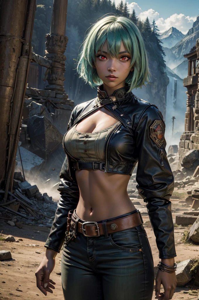 emeraldsustrai, emerald sustrai, short hair, (red eyes:1.5), green hair, dark skin, dark-skinned female, BREAK navel, cleavage, midriff, belt, cleavage cutout, chaps, BREAK near ancient temple ruins, pillars, on top of mountain, BREAK mountains in background, waterfall, bonfires crowd, (crowd in military dress), wrecked vehicles, (volumetric lighting), intricate details, tonemapping, sharp focus, hyper detailed, (cowboy shot:1.5), BREAK (masterpiece:1.2), best quality, high resolution, unity 8k wallpaper, (illustration:0.8), (beautiful detailed eyes:1.6), extremely detailed face, perfect lighting, extremely detailed CG, (perfect hands, perfect anatomy),