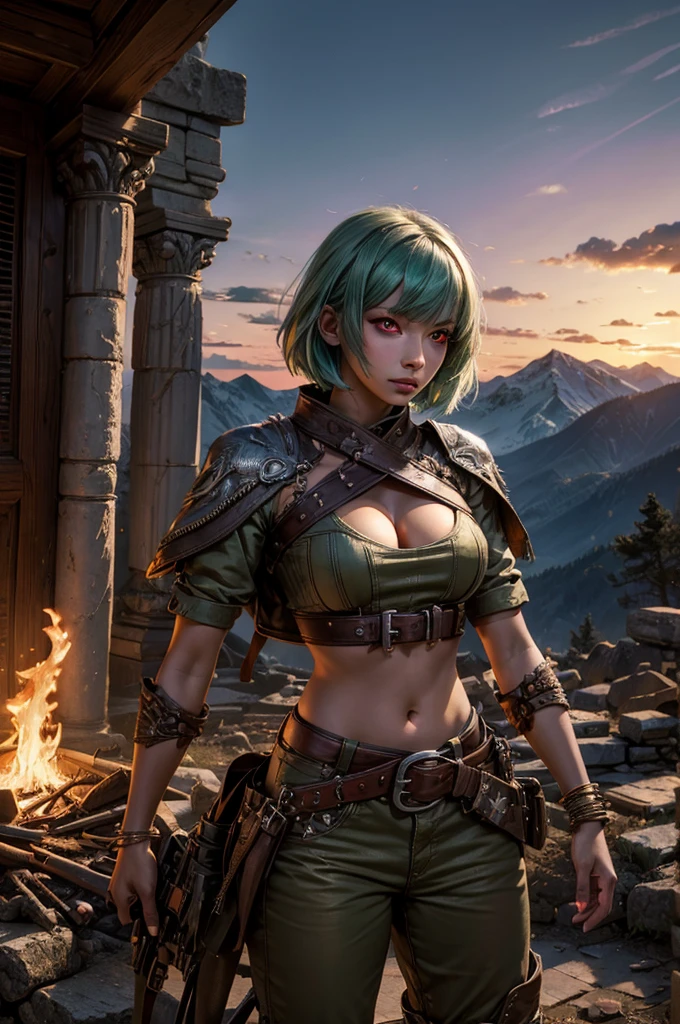 emeraldsustrai, emerald sustrai, short hair, (red eyes:1.5), green hair, dark skin, dark-skinned female, BREAK navel, cleavage, midriff, belt, cleavage cutout, chaps,  BREAK near ancient temple ruins, pillars, on top of mountain, BREAK mountains in background, waterfall, bonfires crowd, (crowd in military dress), wrecked vehicles, (volumetric lighting),  intricate details, tonemapping, sharp focus, hyper detailed, (cowboy shot:1.5), BREAK (masterpiece:1.2), best quality, high resolution, unity 8k wallpaper, (illustration:0.8), (beautiful detailed eyes:1.6), extremely detailed face, perfect lighting, extremely detailed CG, (perfect hands, perfect anatomy),