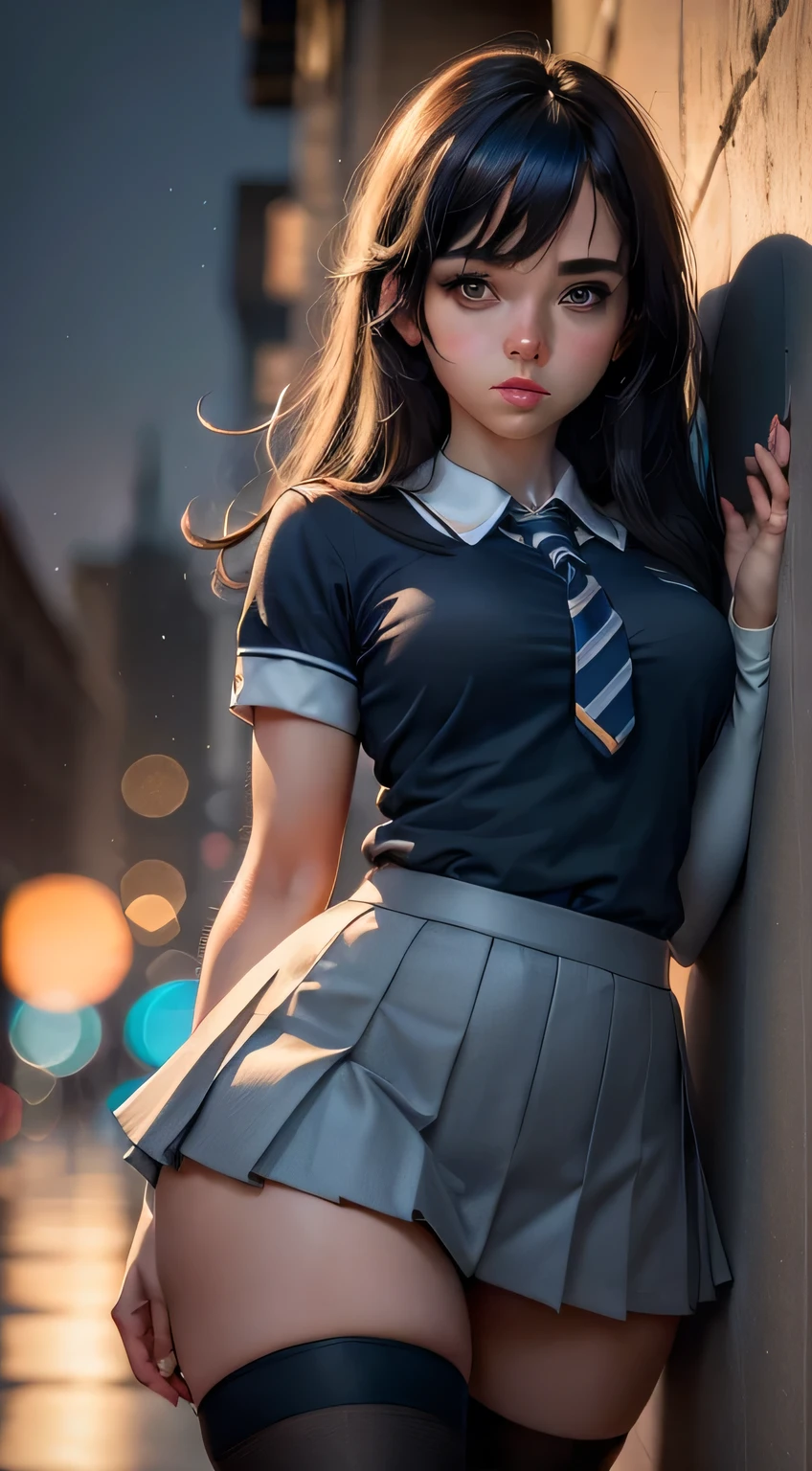 (masterpiece, best quality:1.2), 8k, official art, raw photo, absurdres, thin line, (school uniform, upper body, thigh high socks:1.4), thighs, from below, beautiful girl, close up face, pretty face, short sleeve, arch back, (navy pleated skirt:1.2), teen, street, looking at viewer, film grain, chromatic aberration, sharp focus, night, facelight, dynamic lighting, cinematic lighting, (extreme detailed, ultra detailed, finely detail:0.8), detailed eyes and face, (bokeh background:1.3), black hair, black thigh high socks