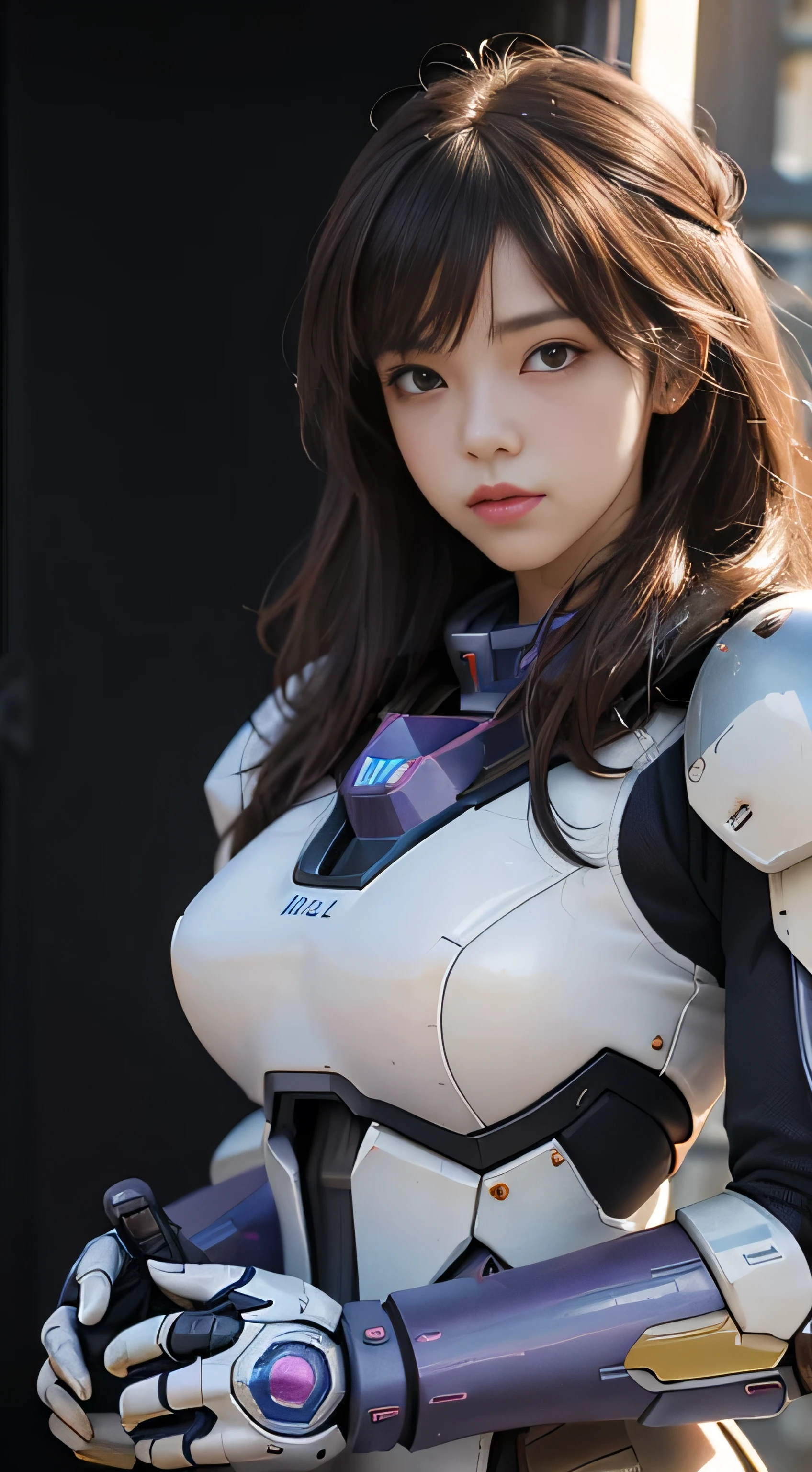 (RAW quality:1.4), masterpiece, Ultra HD Photos,, highest quality, Ultra-high resolution, Realistic, sunlight, whole bodyポートレート, Amazingly beautiful,, Dynamic pose, Delicate face, Vivid eyes, (Side view) Close-up of a woman in a pink and white Gundam costume, Dynamic Pose, Rapunzel with very long brown hair, girl in mecha cyber armor, portrait armored astronaut girl, d. va from overwatch, Female Mecha, to Gundam, Gundam Head, chiho aoshima color scheme, Mobile Suit, Streamlined purple armor, completely robot!! girl, Realistic cosplay, Gundam Armor (Dynamic pose) (Best Camera View), whole body