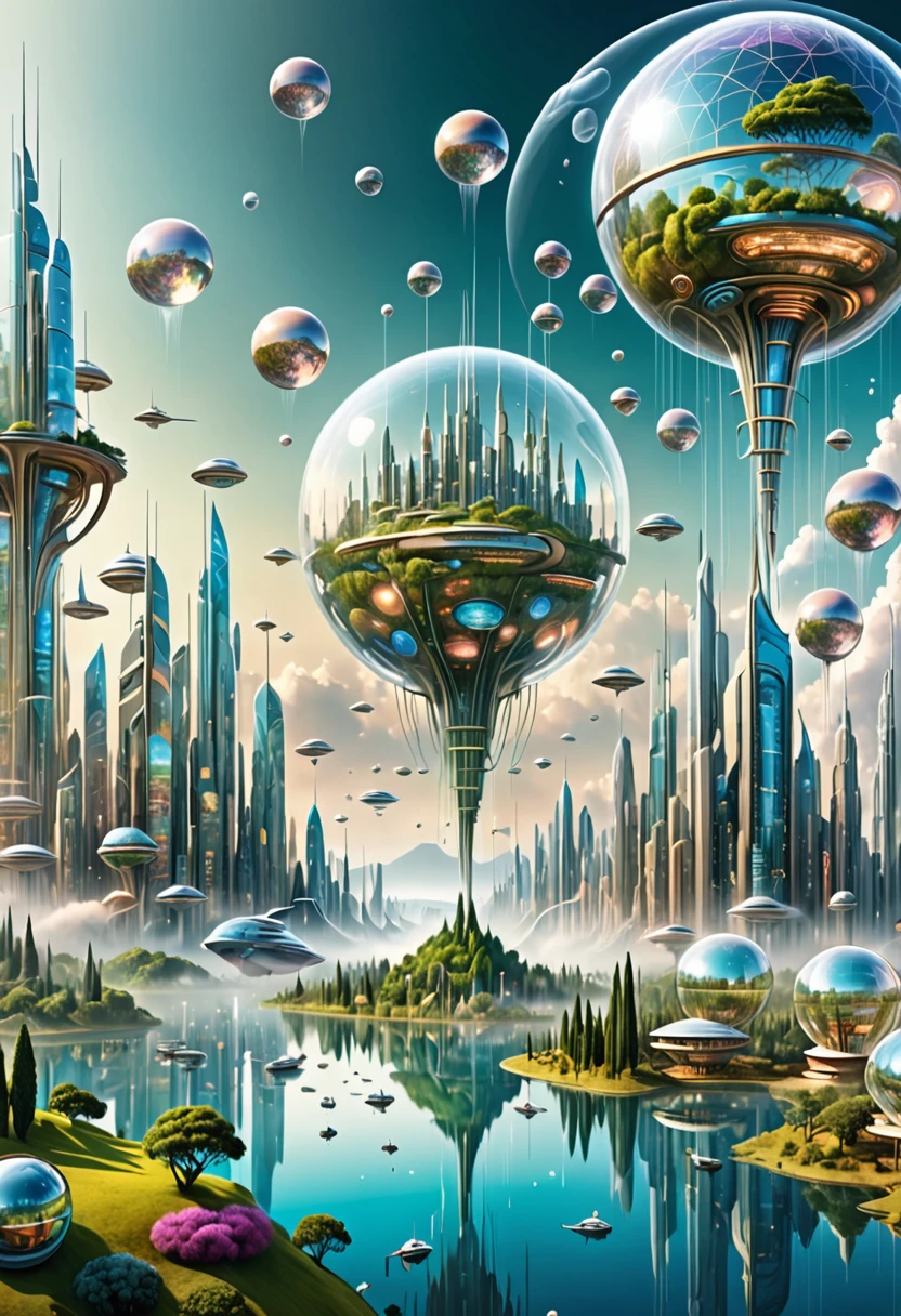 Transparent background，Visionary image of a future utopian world，（Multiple Exposure：1.8），Intricate illustration in surreal art style，surreal dreamscape，Future utopian world dream