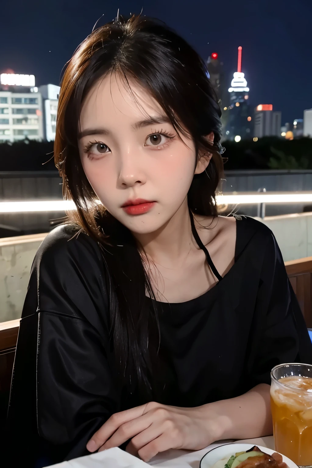 Crooked-faced woman, Korean Girls, High rooftop restaurant