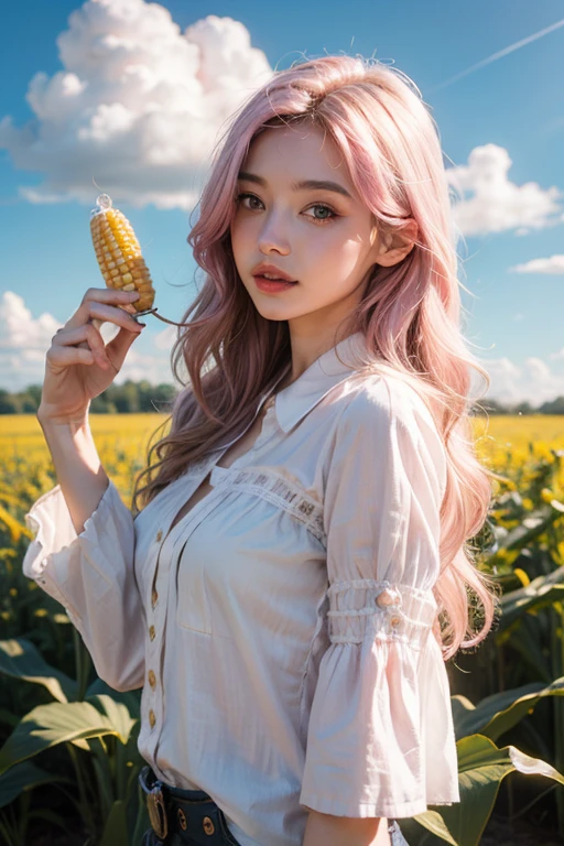 Light pink hair, Pink Eyes, Pink and white, Clouds in the blue sky, Vibrant colors, steampunk, blouse white、Paint Splash, Corn field, Wavy long hair、