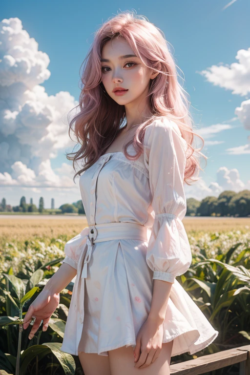 Light pink hair, Pink Eyes, Pink and white, Clouds in the blue sky, Vibrant colors, steampunk, blouse white、Paint Splash, Corn field, Wavy long hair、