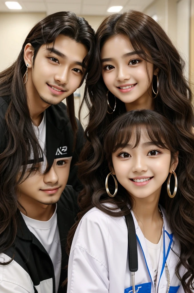 girl with perfect curls round face long hair and healthy brown eyes perfect mouth perfect teeth Y2k clothing and many accessories and Y2k hairstyle in a hospital with her Korean boyfriend who looks like hyunjin from stray kids (grupo kpop)