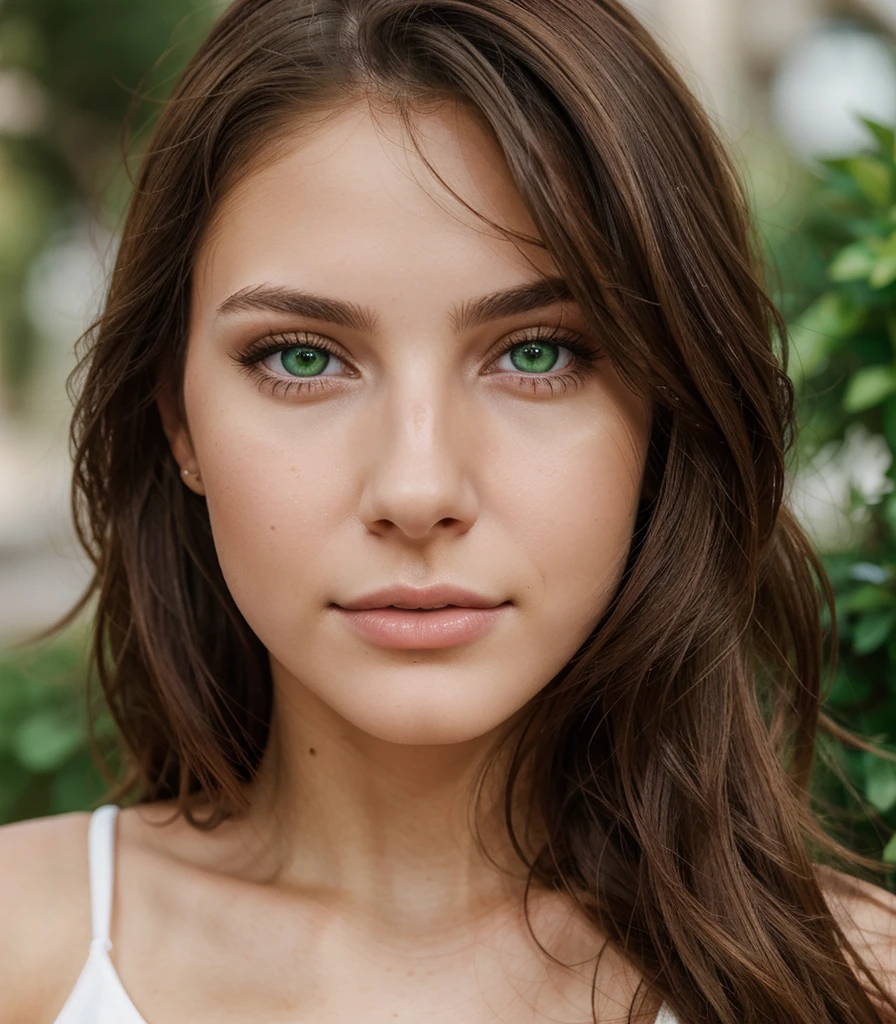 Realistic portrait photo of a beautiful 20-year-old woman with brown hair, influencer, clear and intense green eyes, instagram, slim body, playful, flawed skin, north american, american, brunette, mole under eye, flirty, busty, buxom