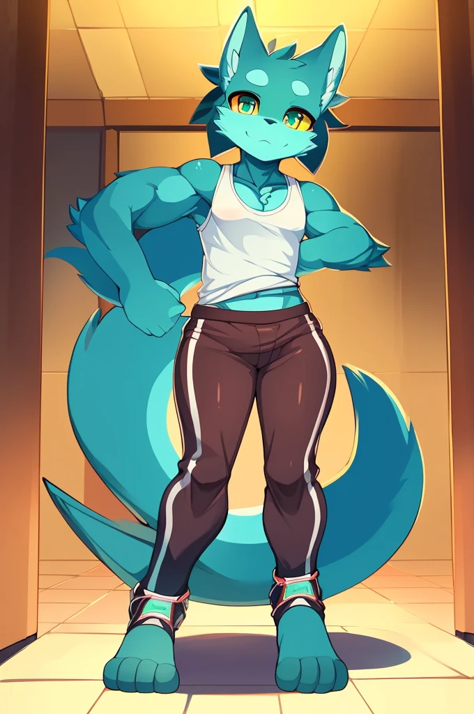 [lizard], (mayosplash), (wamudraws)], ((masterpiece)), ((HD)), ((solo portrait)), ((front view)), ((furry; anthro)), ((detailed shading)), ((beautiful render art)), ((intricate details)), cute teal eyes, (yellow sclera), (half-closed eyes), (medium boobs), (defined muscles), (beautiful feet), (clothing, topwear: tanktop, bottomwear:(pants:black) footwraps, stirrup footwear)),{(standing), (dynamic pose)}