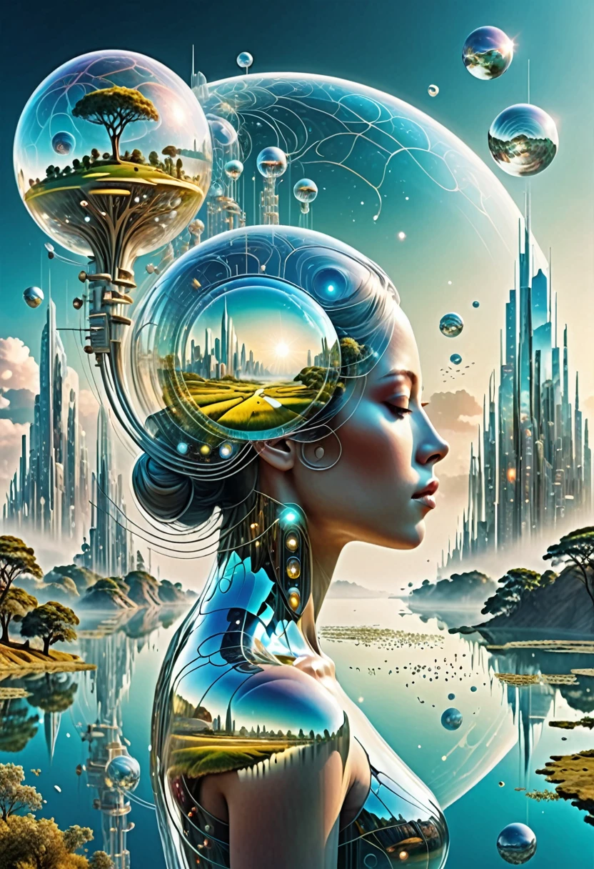 Dubrec style，Transparent figure back，Vision of the future utopian world image，（Multiple Exposure：1.8），Intricate illustration in surreal art style，surreal dreamscape，Future utopian world dream