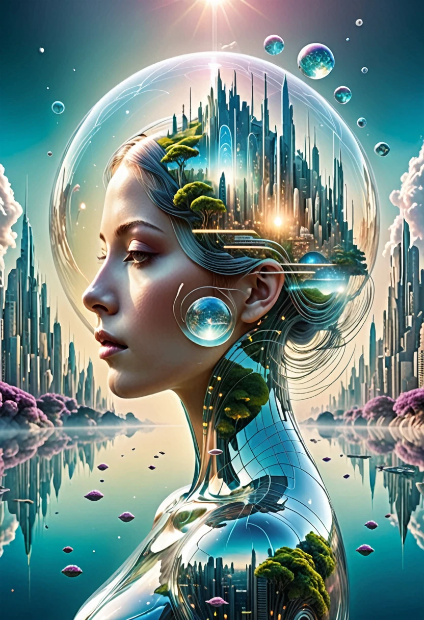 Dubrec style，Transparent figure back，Vision of the future utopian world image，（Multiple Exposure：1.8），Intricate illustration in surreal art style，surreal dreamscape，Future utopian world dream