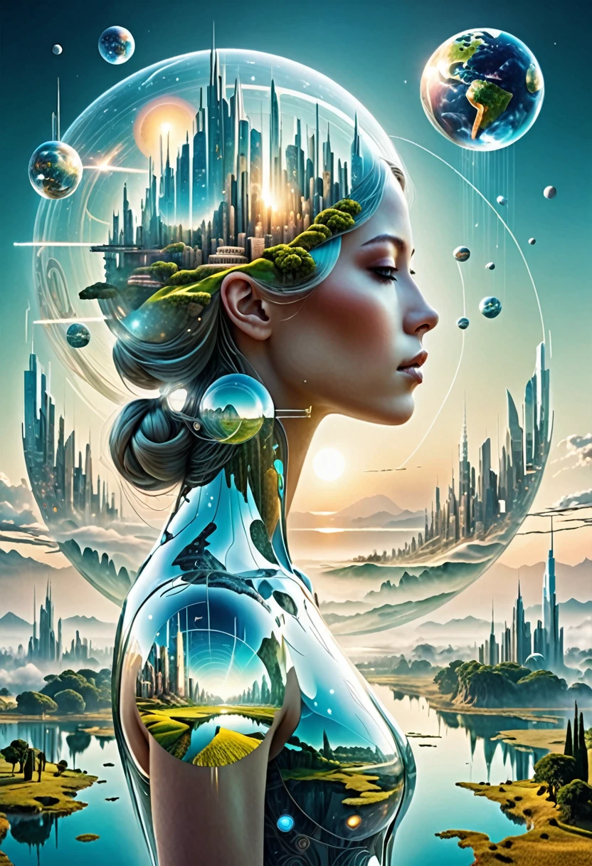 Dubrec style，Transparent figure back，Vision of the future utopian world image，（Multiple Exposure：1.8），Intricate illustration in surreal art style，surreal dreamscape，Future utopian world dream