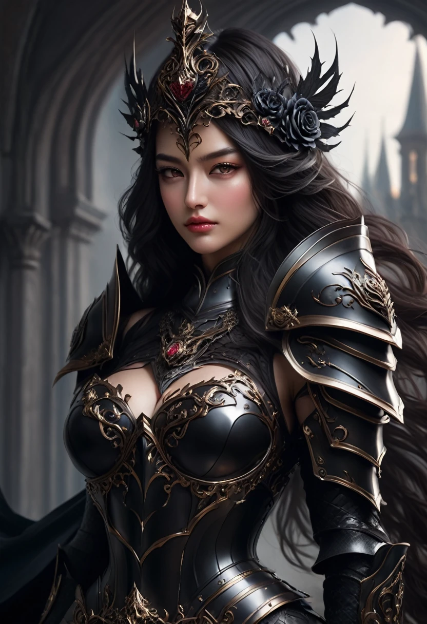 (best quality,4k,8k,highres,masterpiece:1.2), ultra-detailed, (realistic,photorealistic,photo-realistic:1.37),(Numerous award-winning masterpieces, incredibly detailed and textured, maximal resolution and clarity), (Hyper-realistic:1.4), (Realistic:1.3), Imagine a formidable female knight, her presence both terrifying and mesmerizing, inspired by the sinister beauty of a black rose. Her appearance exudes an aura of dark elegance and unyielding strength, a true embodiment of the deadly flower she represents.
Her armor is a masterpiece of gothic design, crafted from dark, obsidian-like metal that gleams with a menacing sheen. The armor is intricately detailed with swirling patterns that mimic the delicate petals of a rose, each curve and flourish adding to the aura of dark beauty. The pauldrons are adorned with sharp, thorn-like protrusions, giving her an intimidating silhouette and ensuring that her enemies are kept at bay.
Her helmet, designed to resemble a blooming black rose, features a faceplate that reveals piercing eyes the color of midnight, filled with a cold, calculating intensity. The helmet’s petals seem to unfurl around her head, creating an almost crown-like effect that signifies her regal yet fearsome nature.