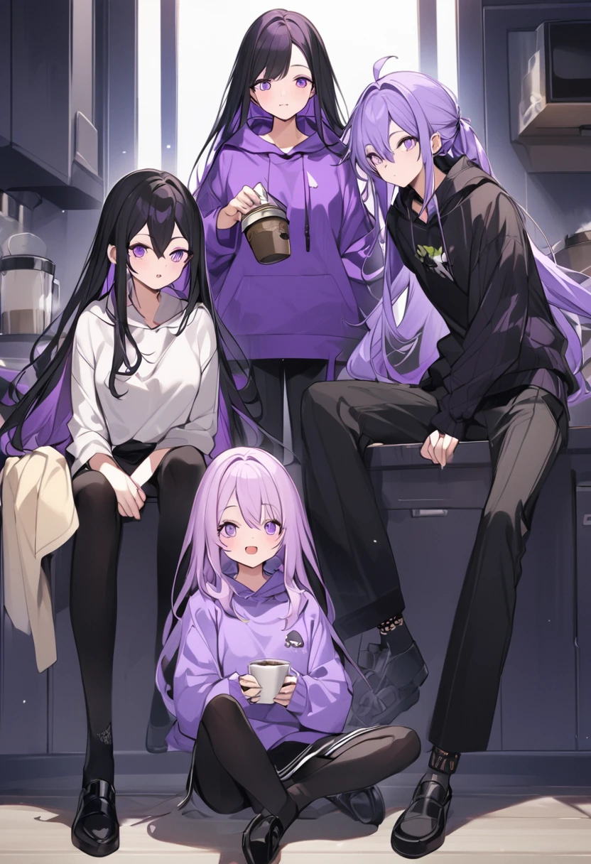 In a purple hoodie、Wearing a black short skirt、Wearing black socks、wearing black shoes。hair is black、Purple eyes。Breasts are K cup。The skin is white and、Long hair。Has one brother and one sister。My sister has an E cup。All in purple hoodies。All hair is black。My brother is wearing black pants.。