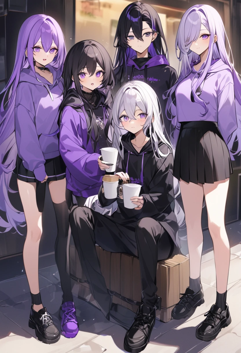 In a purple hoodie、Wearing a black short skirt、Wearing black socks、wearing black shoes。hair is black、Purple eyes。Breasts are K cup。The skin is white and、Long hair。Has one brother and one sister。My sister has an E cup。All in purple hoodies。All hair is black。My brother is wearing black pants.。