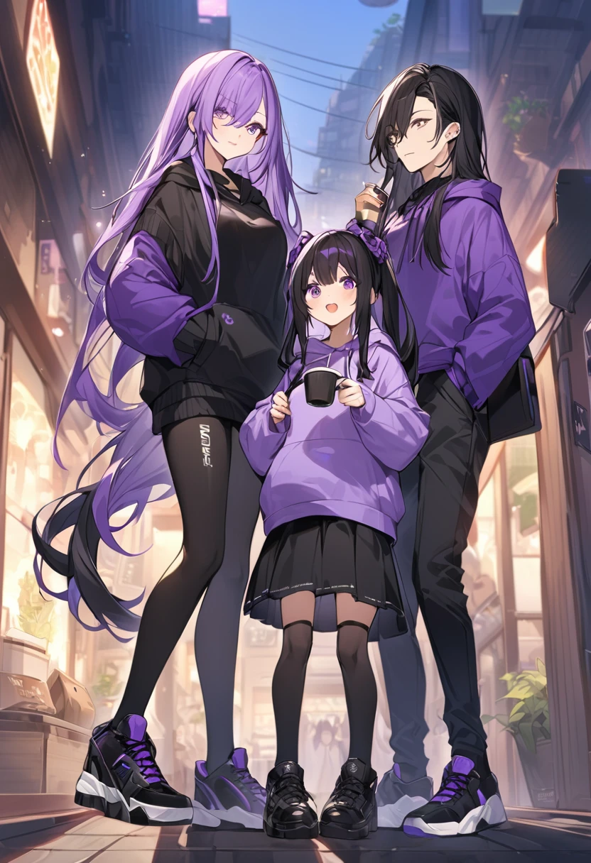 In a purple hoodie、Wearing a black short skirt、Wearing black socks、wearing black shoes。hair is black、Purple eyes。Breasts are K cup。The skin is white and、Long hair。Has one brother and one sister。My sister has an E cup。All in purple hoodies。All hair is black。My brother is wearing black pants.。