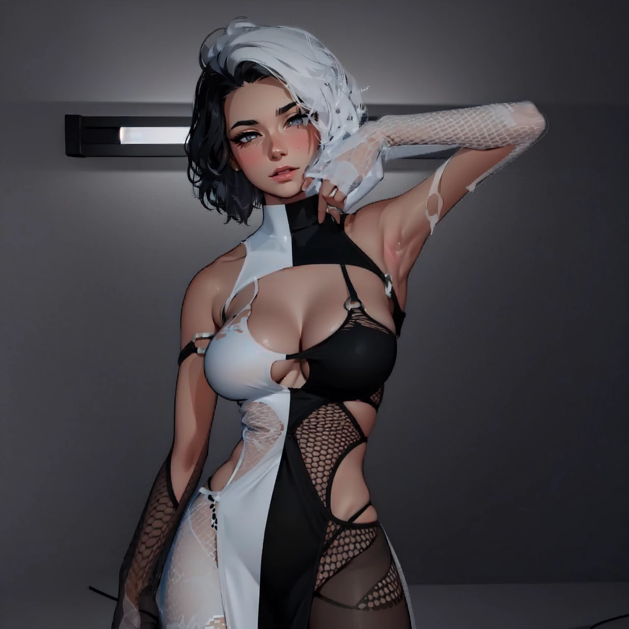 there is a 2d woman in a white and black dress, black-white skintight robes!, inspired by Kim Deuk-sin, sinister pose, inspired by Gao Cen, wlop glossy skin, elegant pose, style is a blend of æon flux, futuristic attire, inspired by Sim Sa-jeong, cyborg - girl with silver hair, (((sexy))), ((digital artwork)), ((thick lineart))